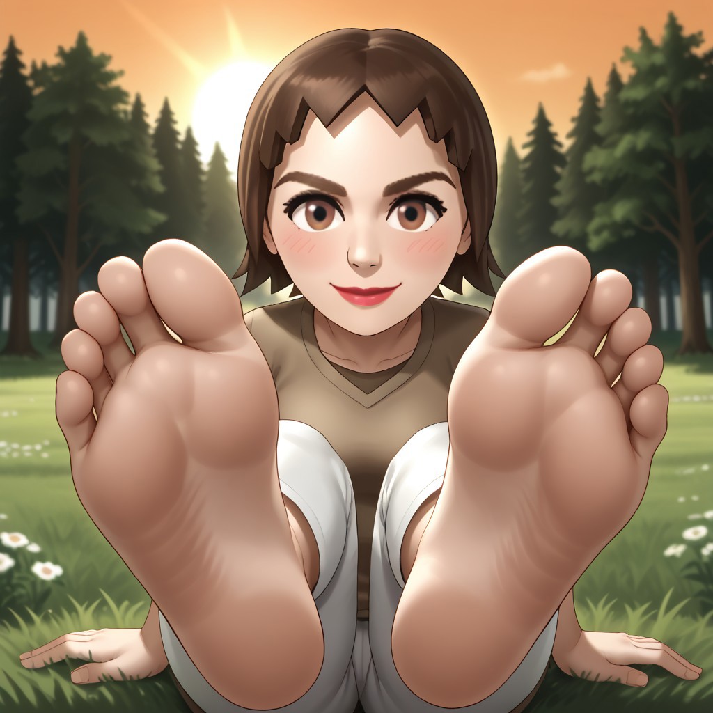 score_9, score_8_up, BREAK, (masterpiece:1.4), (best quality:1.2), solo, perfect anatomy, accurate anatomy, perfect feet, perfect soles, wii, mii, wii sports, 1girl, female mii, brown hair, brown eyebrows, brown eyes, blush, lips, brown clothing, white pants, breasts, nintendo mii, modern_mii, classic_mii, Claudia_(Wii_Sports), sexy pose, self portrait, smile, outdoors, sunlight, shadows, evening lighting, natural lighting, forest, trees, grass, orange sky, sunset, {{{sitting, barefoot, foot focus, feet, soles}}}