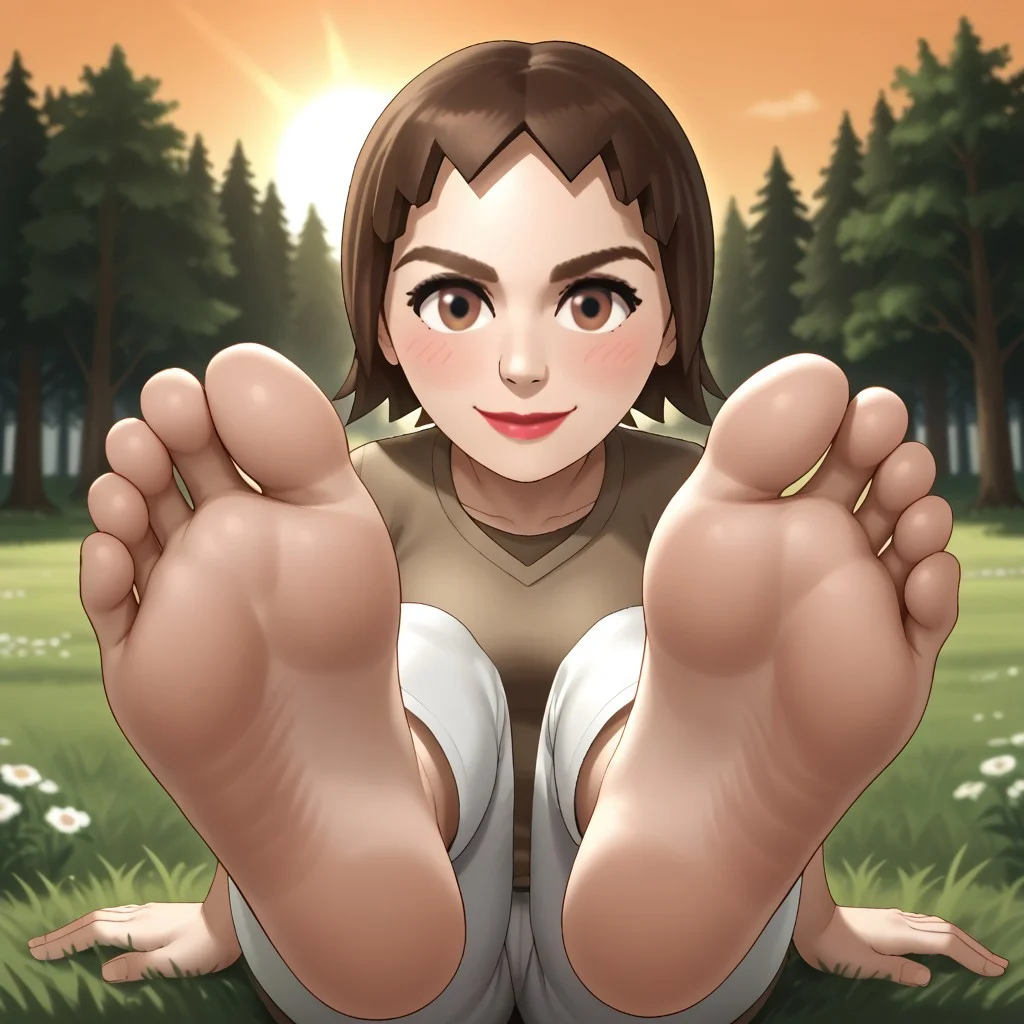 score_9, score_8_up, BREAK, (masterpiece:1.4), (best quality:1.2), solo, perfect anatomy, accurate anatomy, perfect feet, perfect soles, wii, mii, wii sports, 1girl, female mii, brown hair, brown eyebrows, brown eyes, blush, lips, brown clothing, white pants, breasts, nintendo mii, modern_mii, classic_mii, Claudia_(Wii_Sports), sexy pose, self portrait, smile, outdoors, sunlight, shadows, evening lighting, natural lighting, forest, trees, grass, orange sky, sunset, {{{sitting, barefoot, foot focus, feet, soles}}}