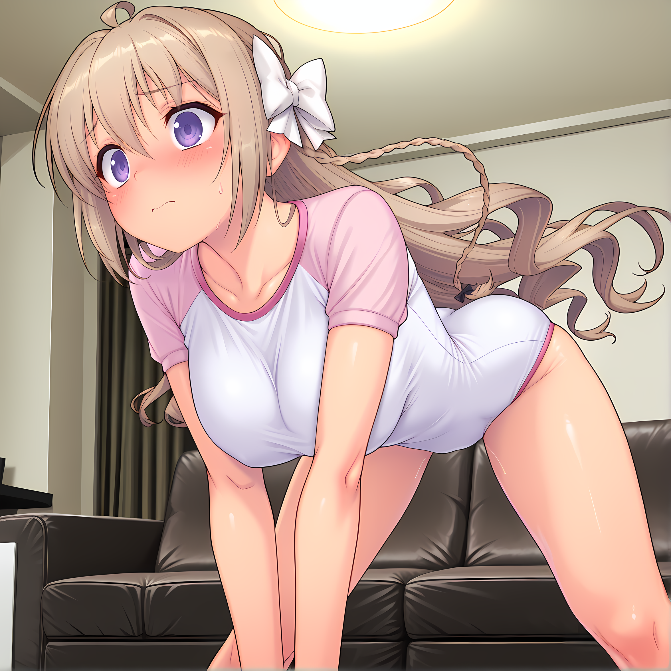 <lora:Tierna:0.9>,tierna,solo,long hair,purple eyes,large breasts,blush,brown hair,braid,hair bow,gym outfit,blush,aroused,indoors,living room, exercising,, masterpiece,best quality,amazing quality, very aesthetic, absurdres,detailed eyes,ultra-detailed,