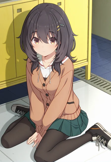 <lora:Mako KAWAI_illustrious-000052:1>,
Mako KAWAI,black pantyhose,pleated skirt,white shirt,cardigan,hair ornament,green skirt,sneakers,shoes,wariza