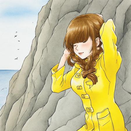 high res, good quality, accurate face, ((high resolution:1.2), (hi-res:1.2), masterpiece, best quality), ng_deepnegative_v1_75t, easynegative, fcNeg, Young girl wearing a yellow raincoat, Girl with braided hair, Long brown hair, girl's hair covering eyes, Pale white skin, young girl in a dusty cliff, golden skies in the background,