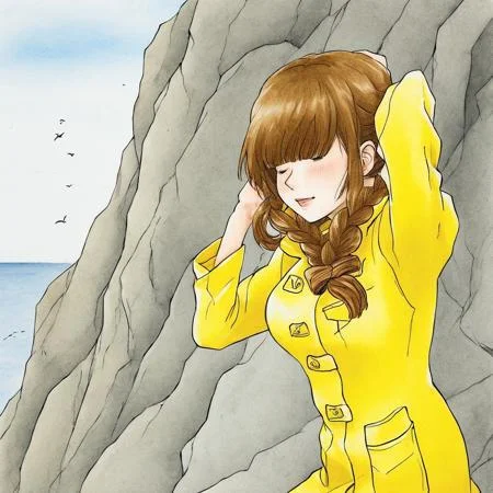 high res, good quality, accurate face, ((high resolution:1.2), (hi-res:1.2), masterpiece, best quality), ng_deepnegative_v1_75t, easynegative, fcNeg, Young girl wearing a yellow raincoat, Girl with braided hair, Long brown hair, girl's hair covering eyes, Pale white skin, young girl in a dusty cliff, golden skies in the background,