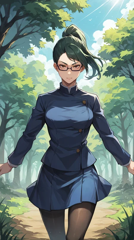 score_9,score_8_up,score_7_up,score_6_up, source_anime, zPDXL, <lora:xl_more_art-full_v1:0.5>, girl, dynamic pose, dark green hair, ponytail, glasses, brown eyes, jujutsu uniform, blue jacket, blue skirt, black leggings, spread arms, <lora:Maki Zenin-000004:0.8>, forest, outdoors, dirt path, light rays, vegetation, tall grass, portrait,