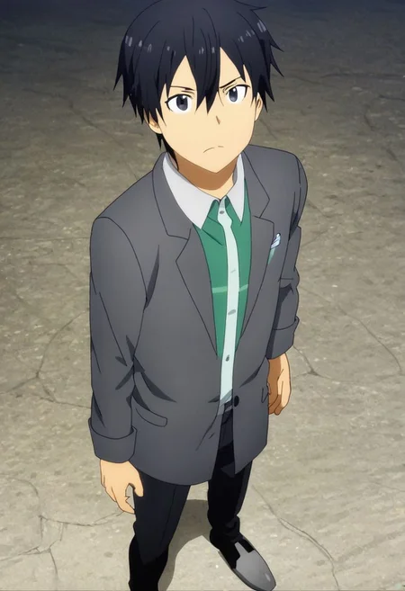 high resolution, professional photography, solo, best quality, 1Boy, Kazuto Kirigaya, Black Hair, Black Eyes, standing, straight facing upwards, casual, seen from above, arrogant face, dominant, intimidate, OverallDetail