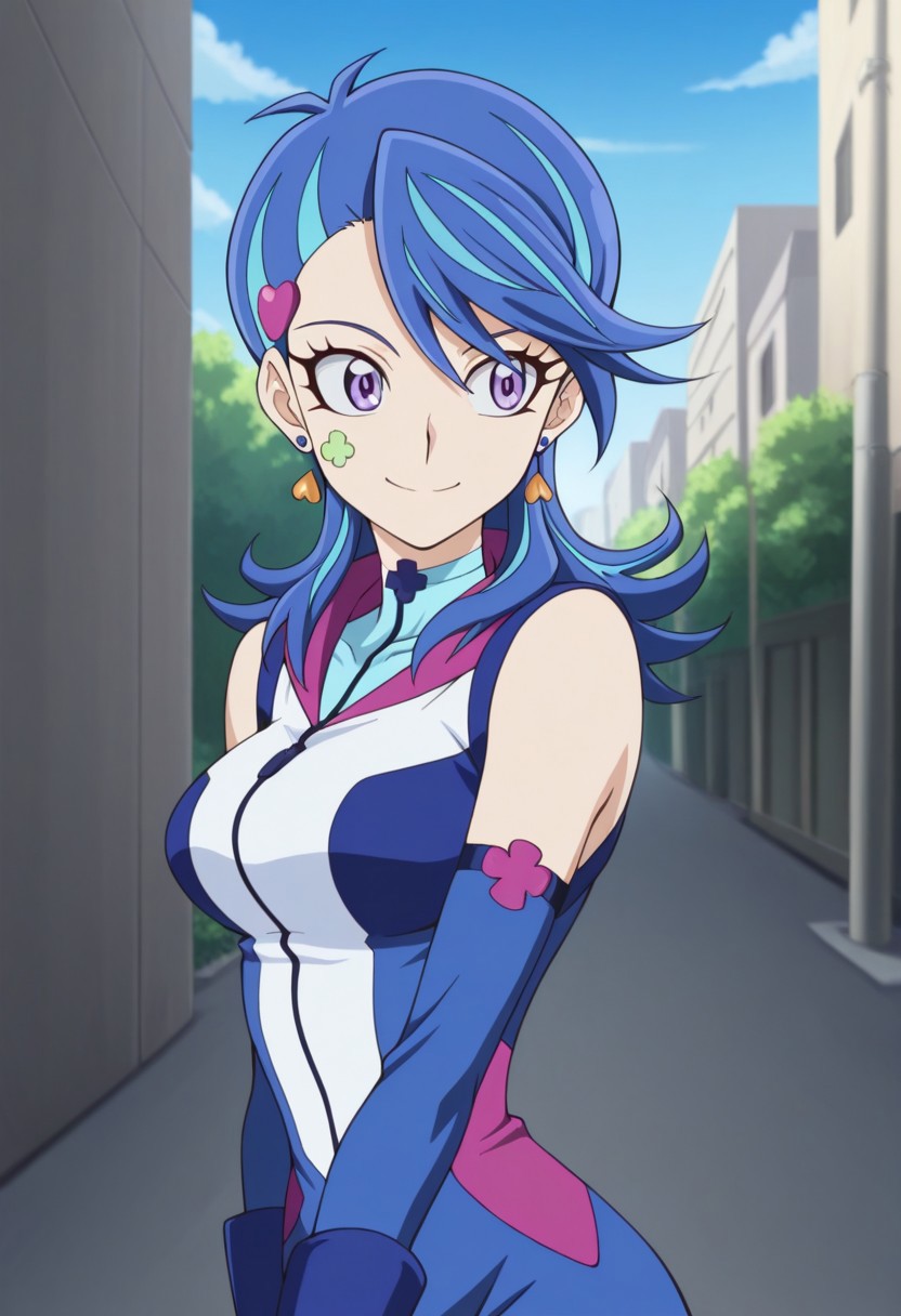 masterpiece,best quality,amazing quality, source_anime, 
AoiZaizen,1girl, solo, blue gal outfit, purple eyes, facial tattoo, multicolored hair, blue hair, hair ornament, heart hair ornament, earrings, shirt, blue shirt, short jumpsuit, detached sleeves,  smile
outdoor,