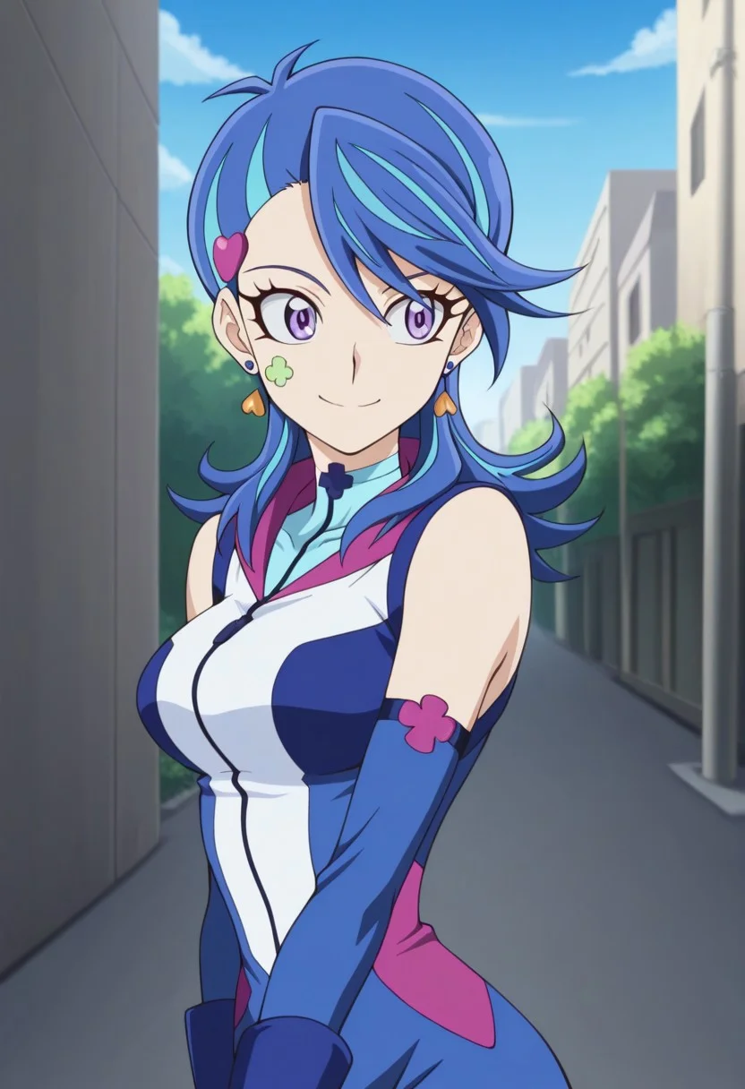 masterpiece,best quality,amazing quality, source_anime,
AoiZaizen,1girl, solo, blue gal outfit, purple eyes, facial tattoo, multicolored hair, blue hair, hair ornament, heart hair ornament, earrings, shirt, blue shirt, short jumpsuit, detached sleeves, smile
outdoor,