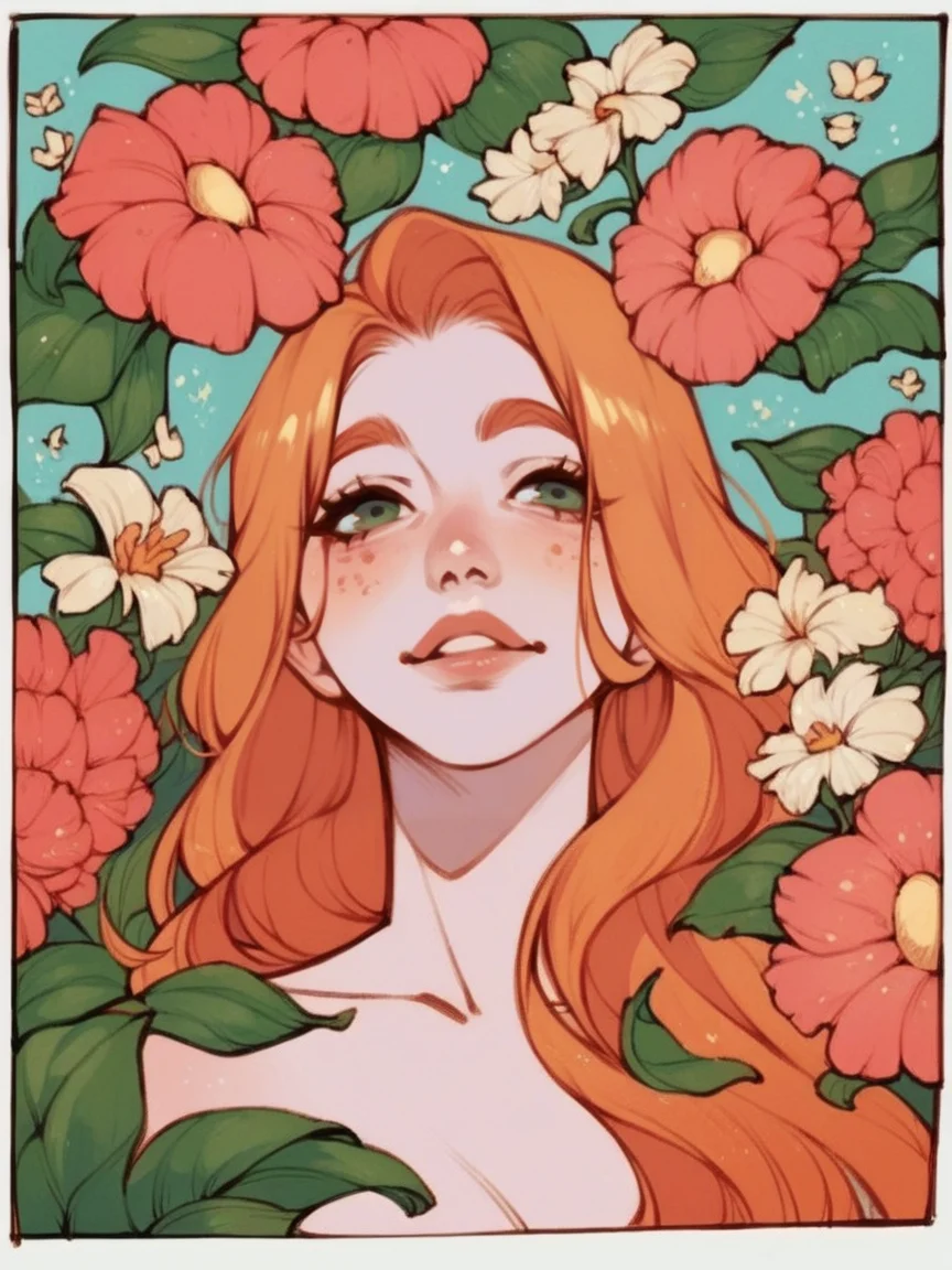 score_9, score_8_up, score_7_up, score_6_up,  <lora:p4n3lsXLP:0.9> p4n3ls, 1girl, flowers, long hair, ginger hair, comic,