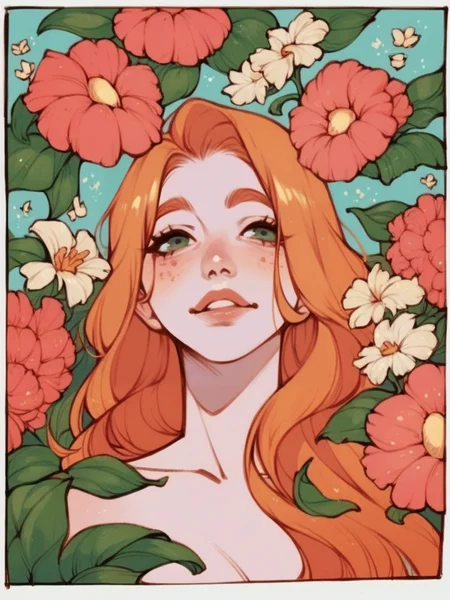 score_9, score_8_up, score_7_up, score_6_up,  <lora:p4n3lsXLP:0.9> p4n3ls, 1girl, flowers, long hair, ginger hair, comic,