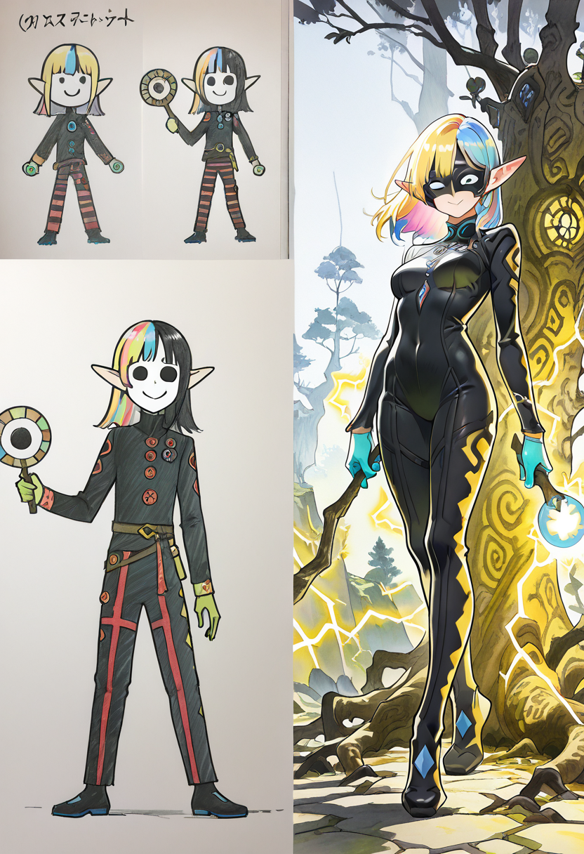 masterpiece, best quality,   smile, multicolored hair, holding, bodysuit, mask, striped pants, full body, striped, gloves, long sleeves, tree, electricity, elf, black bodysuit, day, fantasy setting               ,<lora:Pr0VsN00b:1.0>,