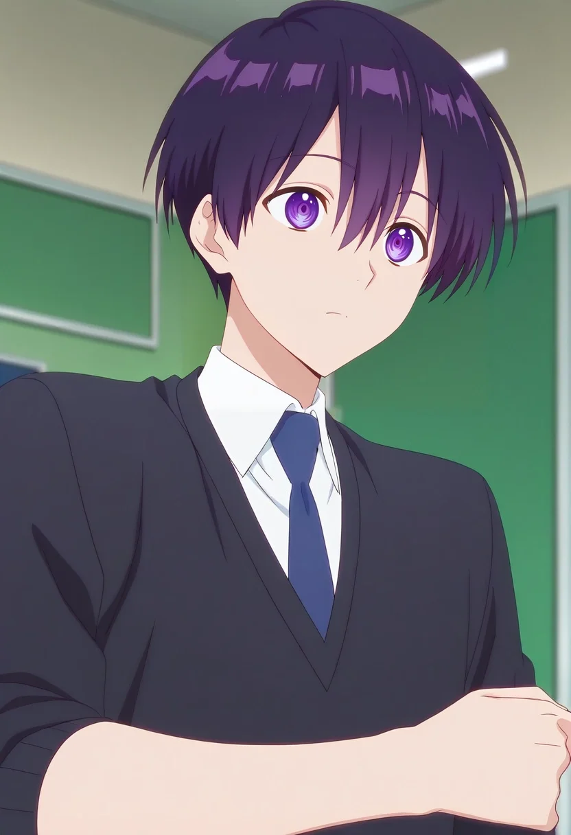 masterpiece, best quality, , anime screencap, anime coloring, official style,, 1boy, solo, male focus, <lora:yuuki_izumi_ilxl:0.92>, yuuki_izumi, purple hair, purple eyes, short hair, bangs, hair between eyes, white shirt, collared shirt, blue necktie, school uniform, black jacket