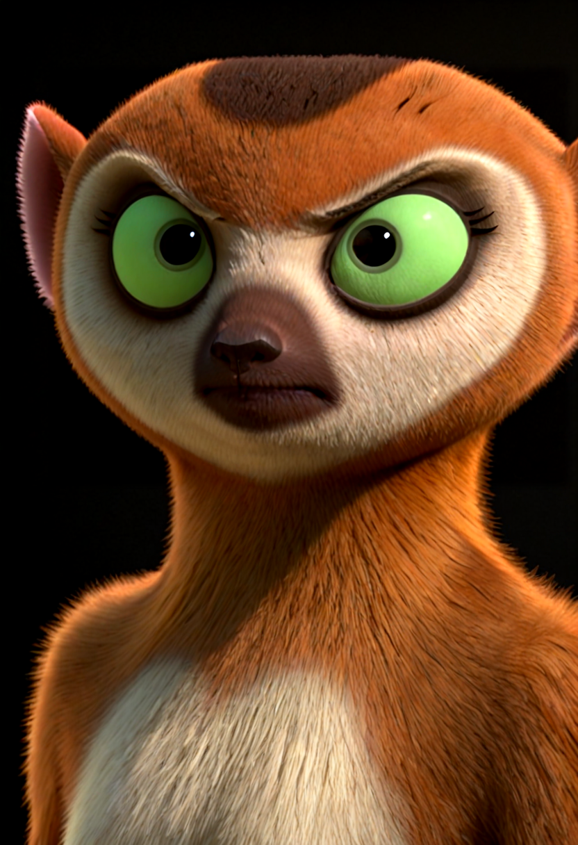 masterpiece, best quality, newest, absurdres, highres, ahkjclower, crowned lemur, solo, semi anthro, bust view, black background, green eyes, green sclera, serious expression, neutral, closed mouth, rim lighting, <lora:clover_lora:1>  <lora:Real_Pokemon_PDXL:1> <lora:NOOB_vp1_detailer_by_volnovik_v1:1> <lora:noobai_vpred_1_masterpieces_v1:1>