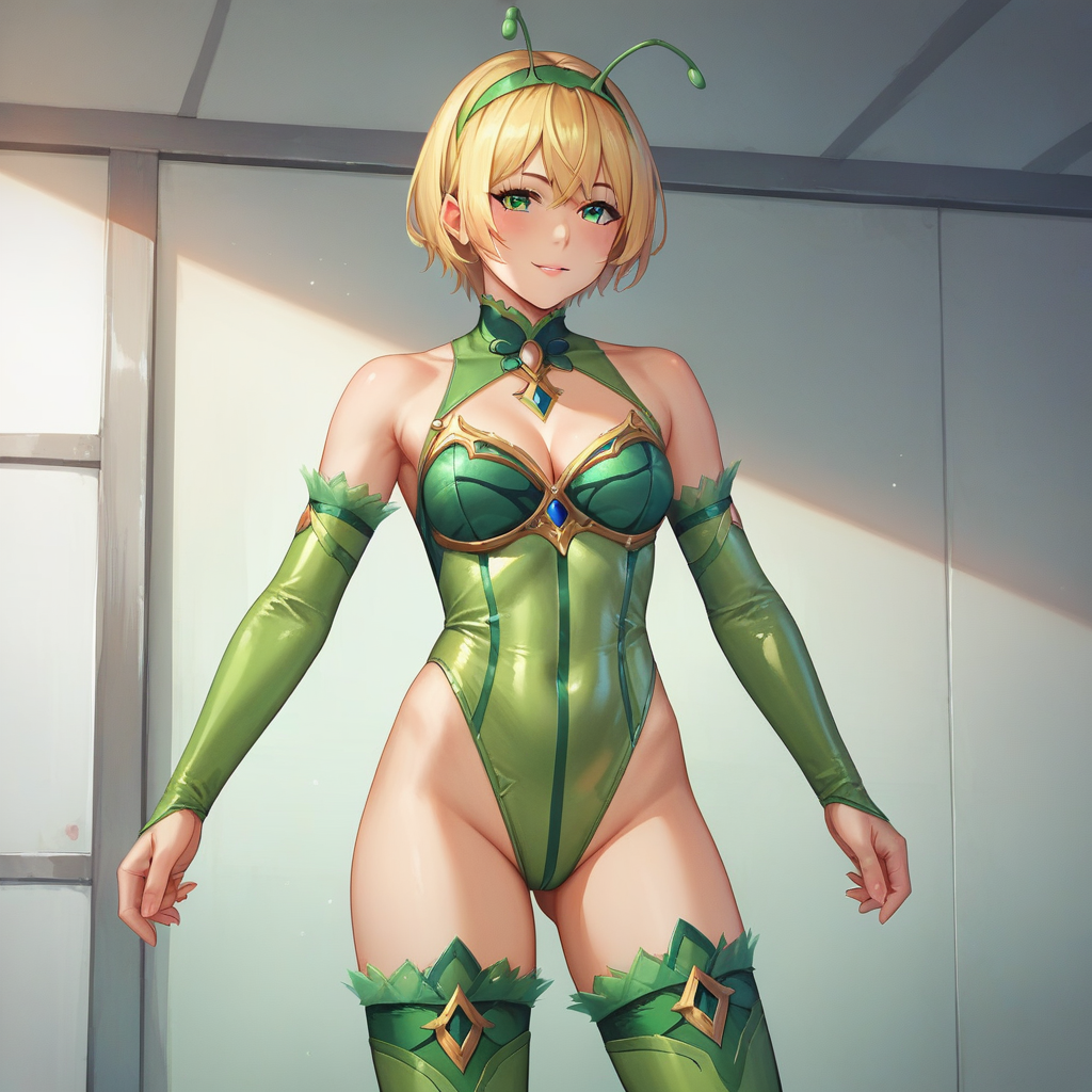 score_9, score_8_up, score_7_up,score_6_up,uncensored,detailed eyes,perfect eyes,extremely detailed CG,extremely detailed face,detailed Lora,best quality,source_anime,anime,perfect face, beautiful eyes,beautiful face, detailed eyes ,masterpiece,high resolution, distinct image BREAK  <lora:Parupirio:0.75> 1girl, solo, blonde hair, thighhighs, boots, leotard,  thigh boots, green leotard,  green thighhighs, Parupirio,short hair,hairband,green antennae,green elbow sleeve   ,looking at viewer,standing
