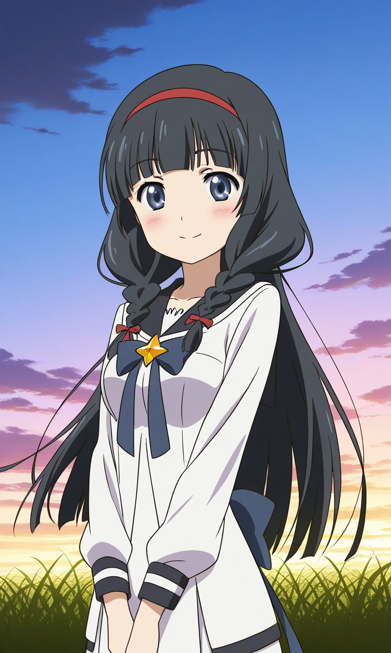 general,highres, ultra-detailed,very aesthetic,best quality ,best hands,  BREAK <lora:Itsuki_Houkago_no_Pleiades_IS:1> BREAK,
Itsuki(Pleiades), 1girl,solo, black hair, long hair, blue eyes, red hairband, twin braids, blunt bangs,breasts, anime coloring, BREAK,
 solo,  school uniform, blush, smile, cloud, sky, serafuku, upper body, long sleeves, cloudy sky, closed mouth, shirt, ribbon, v arms, blush,
grass, sky, smile,looking at viewer, cowboy_Shot,