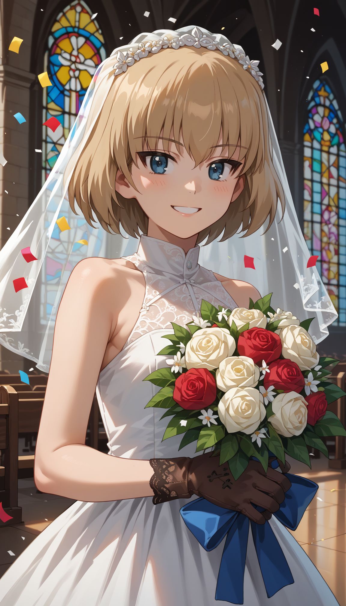 score_9, score_8_up, score_7_up, source_anime, ,
 <lora:Katyusha (girls und panzer) :0.9> 1girl, katyusha (girls und panzer), short hair, blue eyes, blonde hair, bob cut, 
church, stained glass, whie veil, laced gloves, upper body, close portrait church, holding bouquet, (confetti:1.1), smile, white dress, wedding dress, church, holding bouquet, (confetti:1.1)