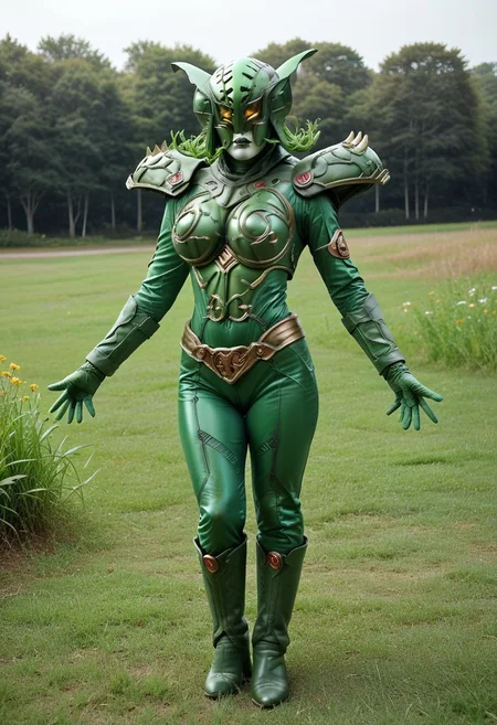 score_9, score_8_up, score_7_up, score_6_up, 1femkaijin, green plant themed costume, fk helmet, sculpted mouth, big breasts, fk boots, full body, in grassy field, dynamic pose, Kodak Gold 200 analog film stock style, Style-DoF