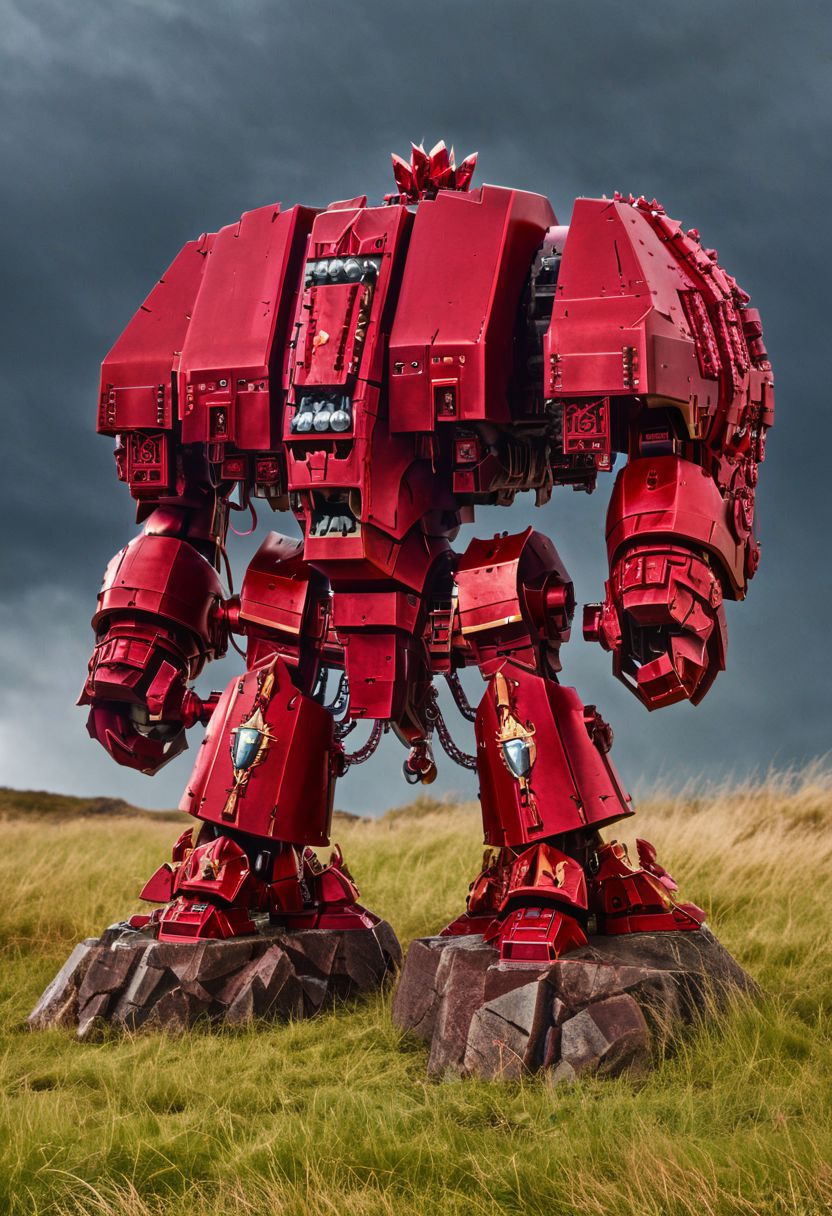 A four-meter tall towering ruby drdnght machine, its crimson plating scorched and pitted from countless battles, charges headlong into the fray, its thunderous footsteps shaking the very earth beneath its feet as it seeks out its next worthy foe.