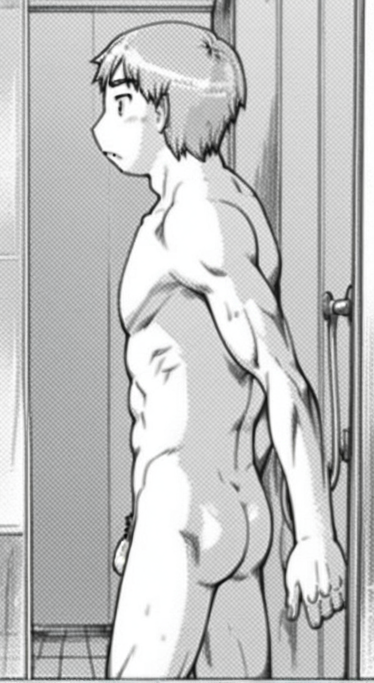 score_9, score_8_up, score_7_up, anime_source, official artstyle, anime screencap, ((monochome)), highly detailed, 1boy, perfect composition, good shading, male focus, 1boy, solo, male focus, indoors, bathroom, completely naked, completely nude, flaccid penis, pubes, akishima boy 4,silver hair, abs, pectorals, standing, backside view, defined back muscles, ((butt focus)), ((monochrome))