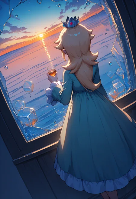 masterpiece, best quality, newest, absurdres, highres, <lora:Detailer_NoobAI_Incrs_v1:1>, detailed, ice cube, cloud, scenery, cloudy sky, broken glass, water drop, window, sunset, bubble, blue sky, sunlight, sun, reflection, horizon, sunrise, gradient sky, fisheye, rosalina, hair over one eye, 1girl, dutch angle, holding cup, glass, from behind, standing, dress,