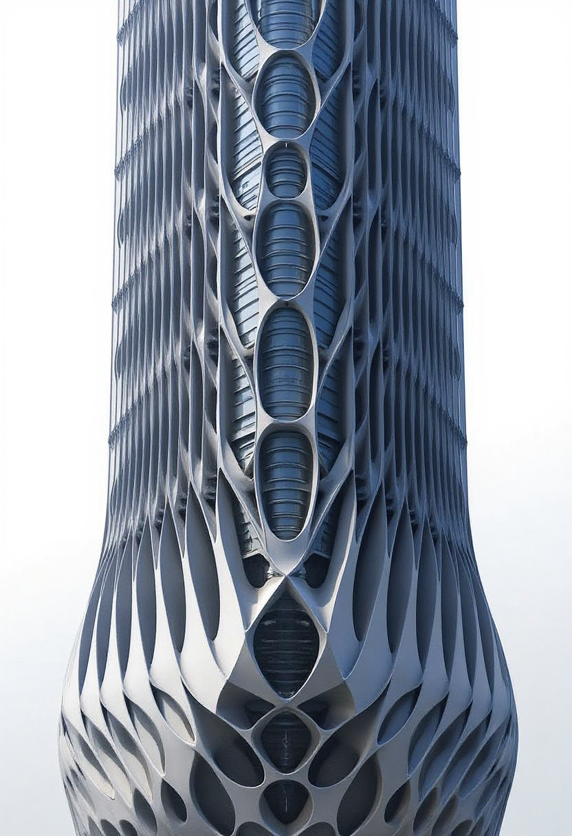 intricate yfg-patt3rn of, Digital illustration of a futuristic building (tall, cylindrical structure with multiple levels), top level has a curved roof with multiple windows, while the bottom level has multiple levels with multiple balconies arranged in a grid-like pattern, multiple layers of glass panels, the bottom level of the building has a large, angular shape, with a pointed nose and a curved body, futuristic cityscape inspired by Syd Mead :: hyperrealistic, hyper detailed, photorealistic :: masterpiece, incredible composition, amazing depth, imposing, meticulously composed, high definition.