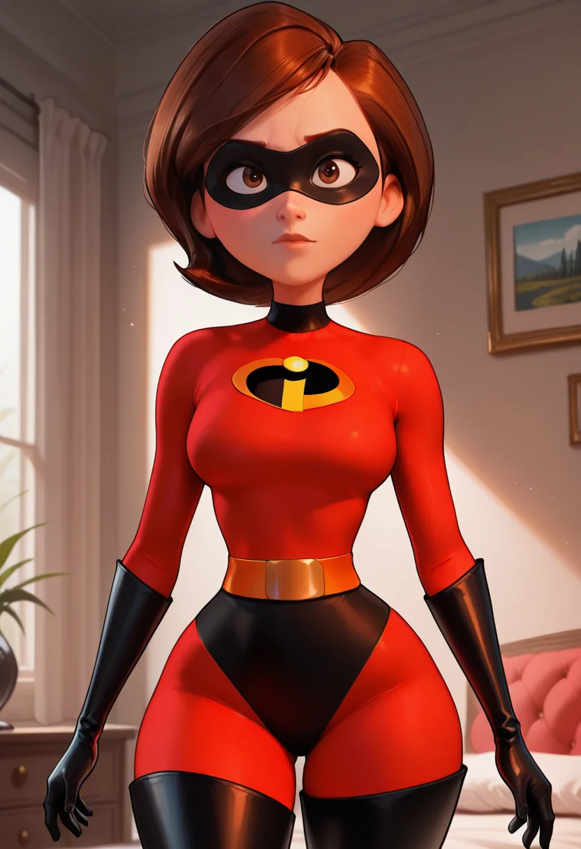 masterpiece, best quality, absurdres, 1girl, helenp, helen parr, elastigirl, brown hair, brown eyes, domino mask, mask, red bodysuit, black highleg shorts, orange belt, black elbow gloves, black thigh boots, wide hips, medium breasts, looking at viewer, standing, portrait, bedroom