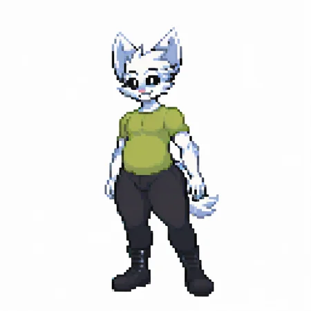 (score_9, score_8_up:1.1), score_7_up, 1boy, solo, black sclera, white fur, colored sclera, feline, white eyes, pink nose, fangs, big ears, seductive face, big ass, thick ass, pose, spiky head tuft, chubby, lime green shirt, black pants, black goth boots, simple background, pixel art, 32bit, dynamic pose, strutting, levitating