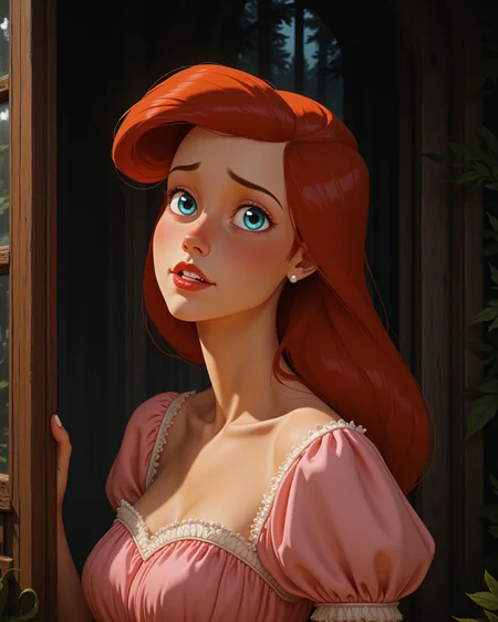 photorealistic photo in a wide shot, looking at viewer, outdoors daylight, 20 year old woman, Curious with raised eyebrows, slightly parted lips, and eyes fixated with intrigue.
<lora:Disney_-_Ariel_v2-000030:1> d-ariel a 20 year old adult woman with blue eyes and red hair.
a vibrant young woman with voluminous red hair brushed to one side, wearing a soft pink princess gown with puffed sleeves, white accents, and a flared layered skirt, small pearl earrings,
A woman stands at the door of an old wooden cabin in the forest, her gaze lingering on the mist that rises from the trees, the smell of pine in the air.