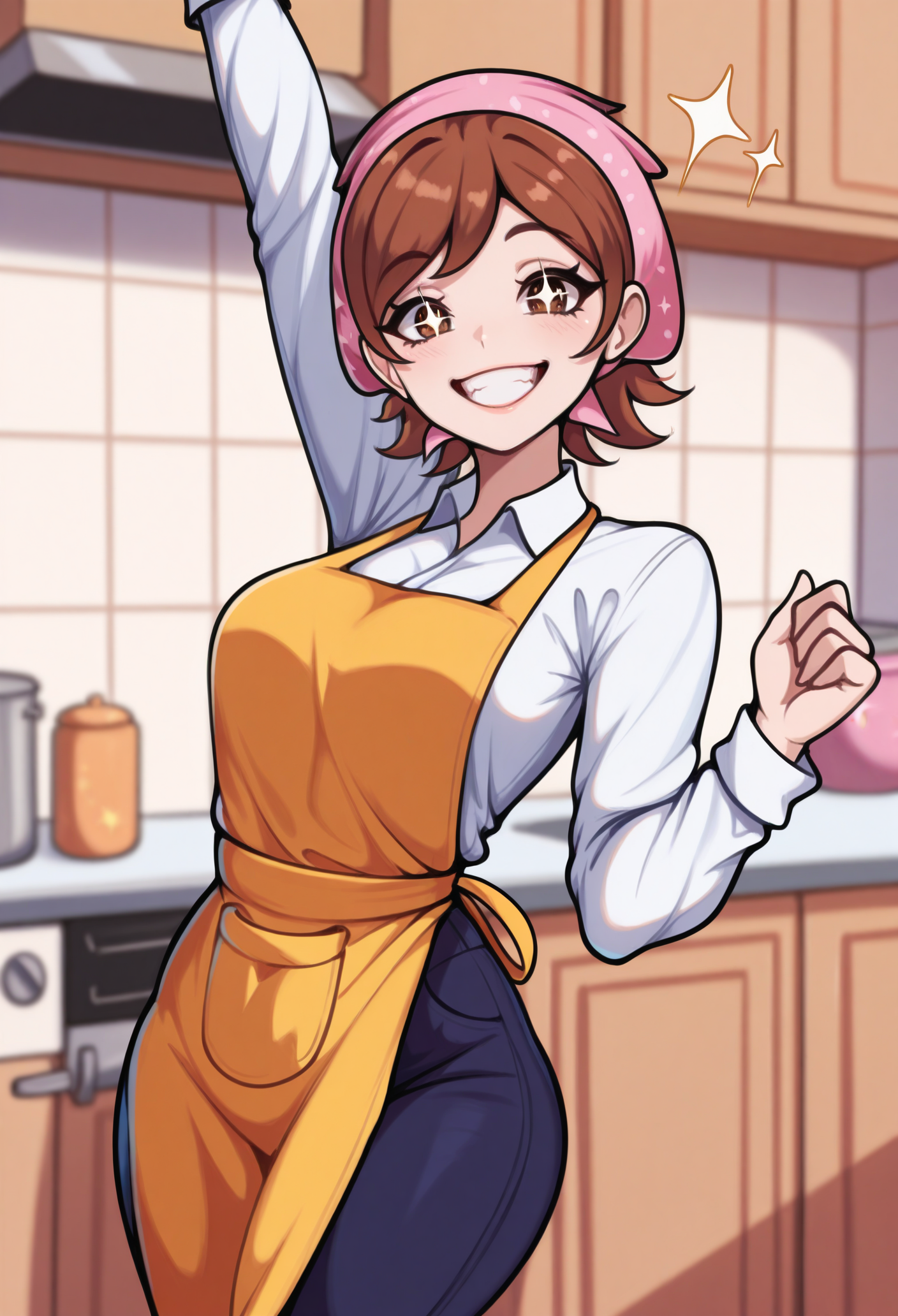 1girl, solo, kitchen, blurry background, sparkling eyes, looking at viewer, smile, cheering, teeth, 
masterpiece, best quality, <lora:cooking_mama-guy90-Illust-LoraV1:1>, amaooc, brown hair, short hair, yellow apron, bandana, white shirt, head scarf, brown eyes, long sleeves, collared shirt, blue pants