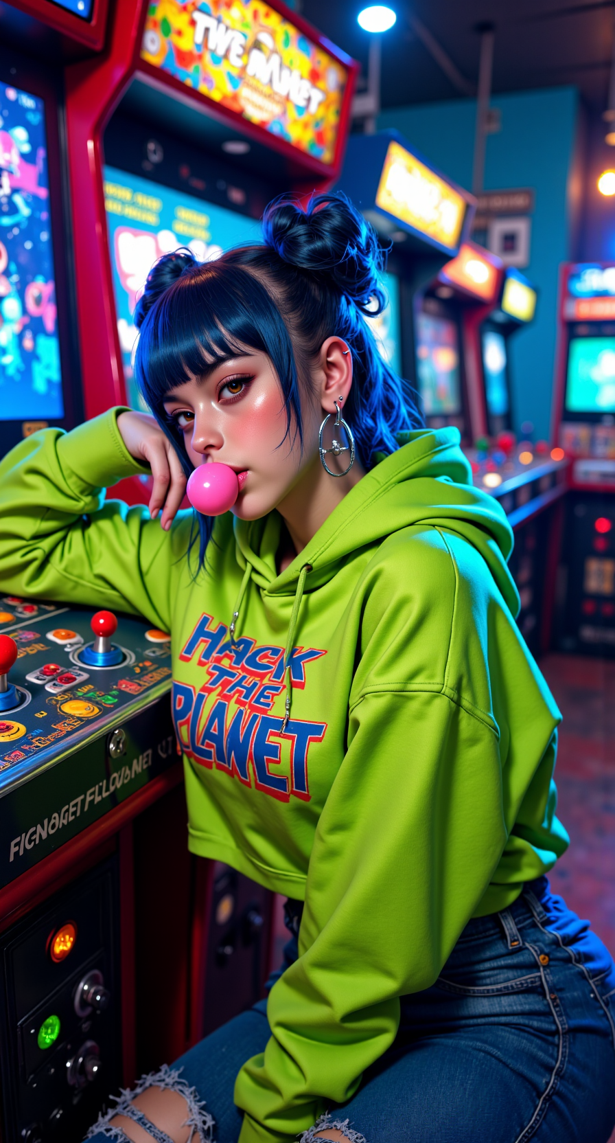 Candid, waist-up portrait of a photorealistic woman lounging inside a vintage arcade, bubblegum in her mouth, leaning on a Street Fighter II cabinet. Hair in two high puffs dyed electric blue, lime green crop hoodie with “HACK THE PLANET” print, oversized silver hoop earrings. Rainbow lens flare in her eyes, glowing joystick reflection on her face.

photorealistic, cinematic lighting, 90s cybercool, arcade nostalgia, tube TV light source, low contrast background, high detail accessories, grunge-punk gamer girl energy







fmlas-mk.1, mythp0rt,