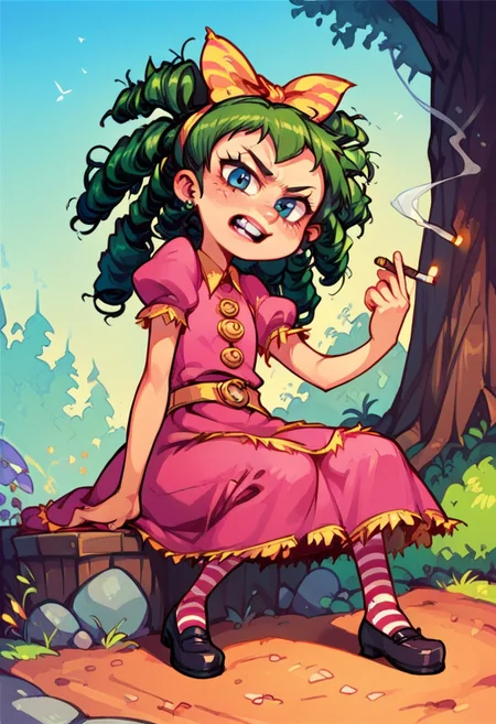 score_9, score_8_up, score_7_up, score_6_up, score_5_up, score_4_up, OverallDetail, fca style, 1girl, solo, green hair, drill hair, yellow bow, hair bow, blue eyes, teeth, dress, puffy sleeves, short sleeves, yellow belt, pantyhose, striped pantyhose, striped, shoes, black footwear,
Dutch angle, dynamic pose, looking at viewer, forest, sitting, tired expression, smoking