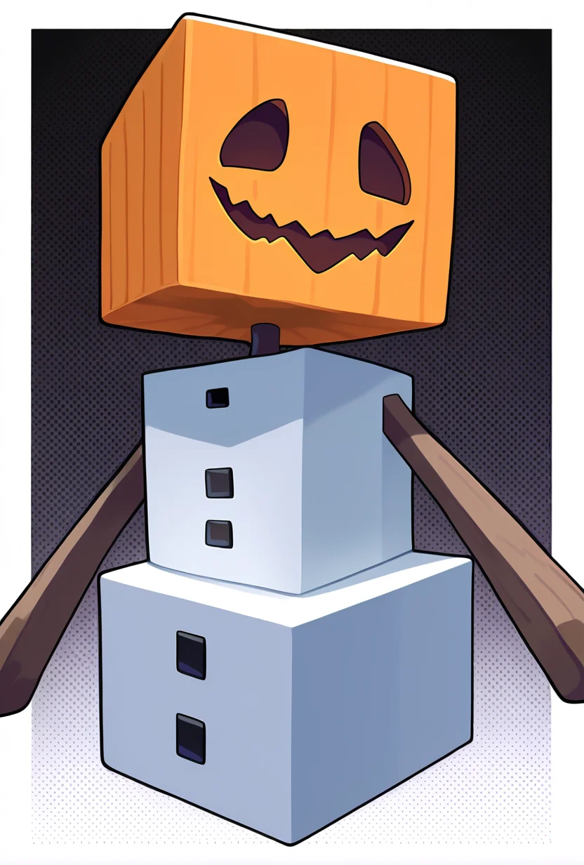 <lora:snowglm-10:1> snowglm, no humans, white body, pumpkin head, solo, standing, cube head, cube body, stick hands, brown hands, sharp mouth, smile,, masterpiece, best quality, amazing quality, very aesthetic, absurdres, newest,, upper body, halftone effect, white borders, abstract background:1.2,