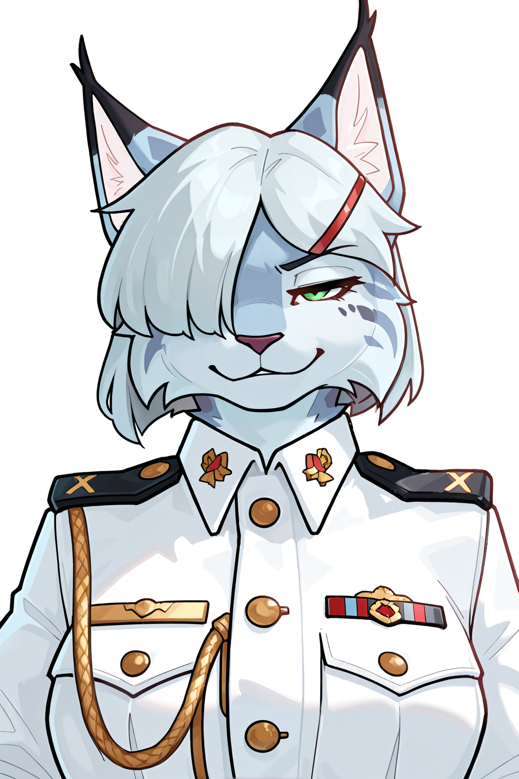 masterpiece, best quality, newest, absurdres, highres, furry, perfect anatomy, detailed eyes, (1girl, solo, female, lynx, light blue fur, black spotted body, silver hair, monotone hair, bob hair, hair over eye, one eye obstructed, green eyes, red hairpin, muscular, smirk, white military uniform, street, black limousine), pederont, by pederont