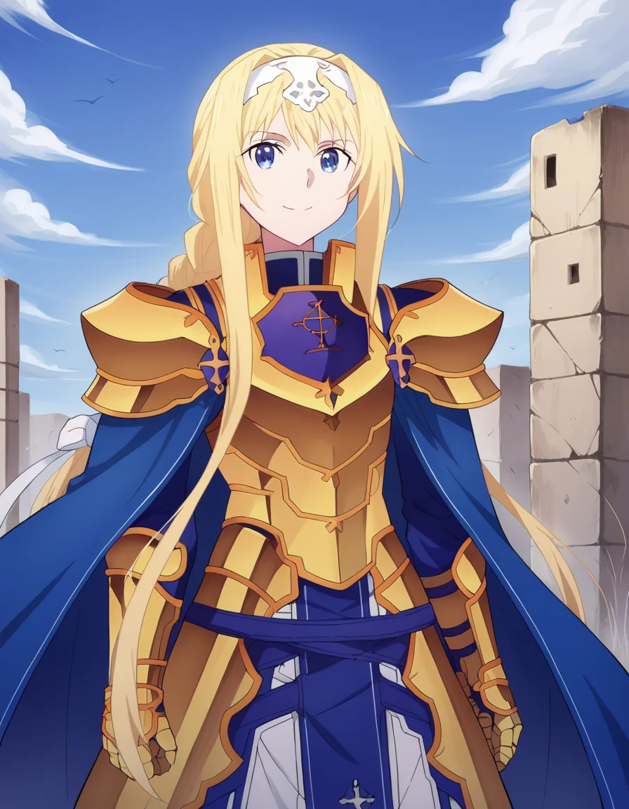 score_9, score_8_up, score_7_up, source_anime,
alicezuberg, <lora:alice-zuberg-s3-ponyxl-lora-nochekaiser:1>,
alice zuberg, bangs, blue eyes, blonde hair, hair between eyes, very long hair, braid, hairband, white hairband,
dress, cape, armor, blue dress, shoulder armor, gauntlets, pauldrons, breastplate, armored dress, faulds, blue cape, knight, gold armor, body armor,
outdoors, wasteland, smile,
solo, looking at viewer, cowboy shot, dutch angle,