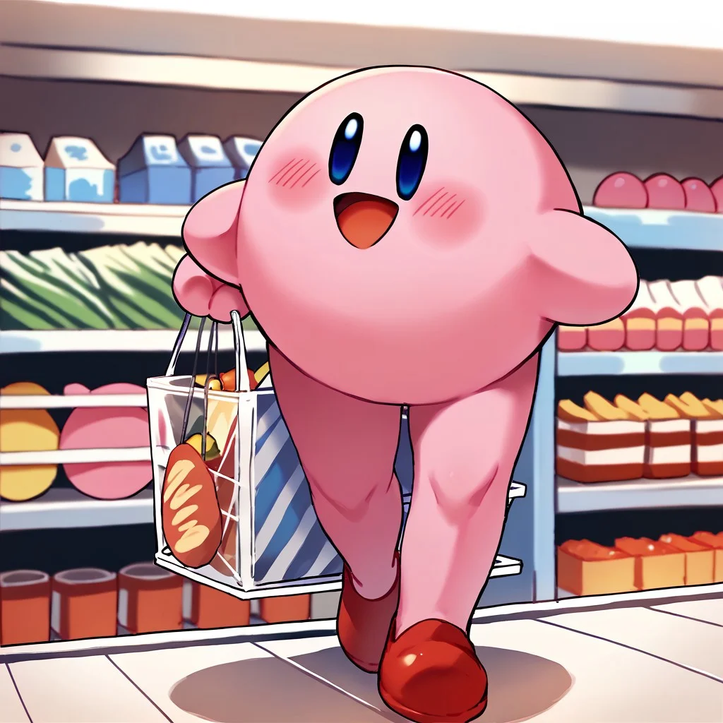 score_9, score_8_up, score_7_up BREAK LongKirby, dark blue eyes, pink body, blush, red shoes, happy, shopping at supermarket, supermarket shopping, supermarket indoors, supermarket background,