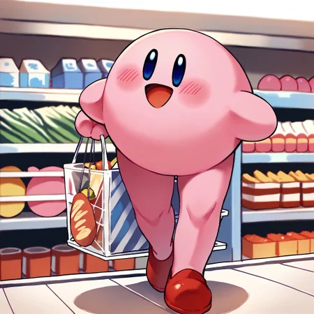 score_9, score_8_up, score_7_up BREAK LongKirby, dark blue eyes, pink body, blush, red shoes, happy, shopping at supermarket, supermarket shopping, supermarket indoors, supermarket background,