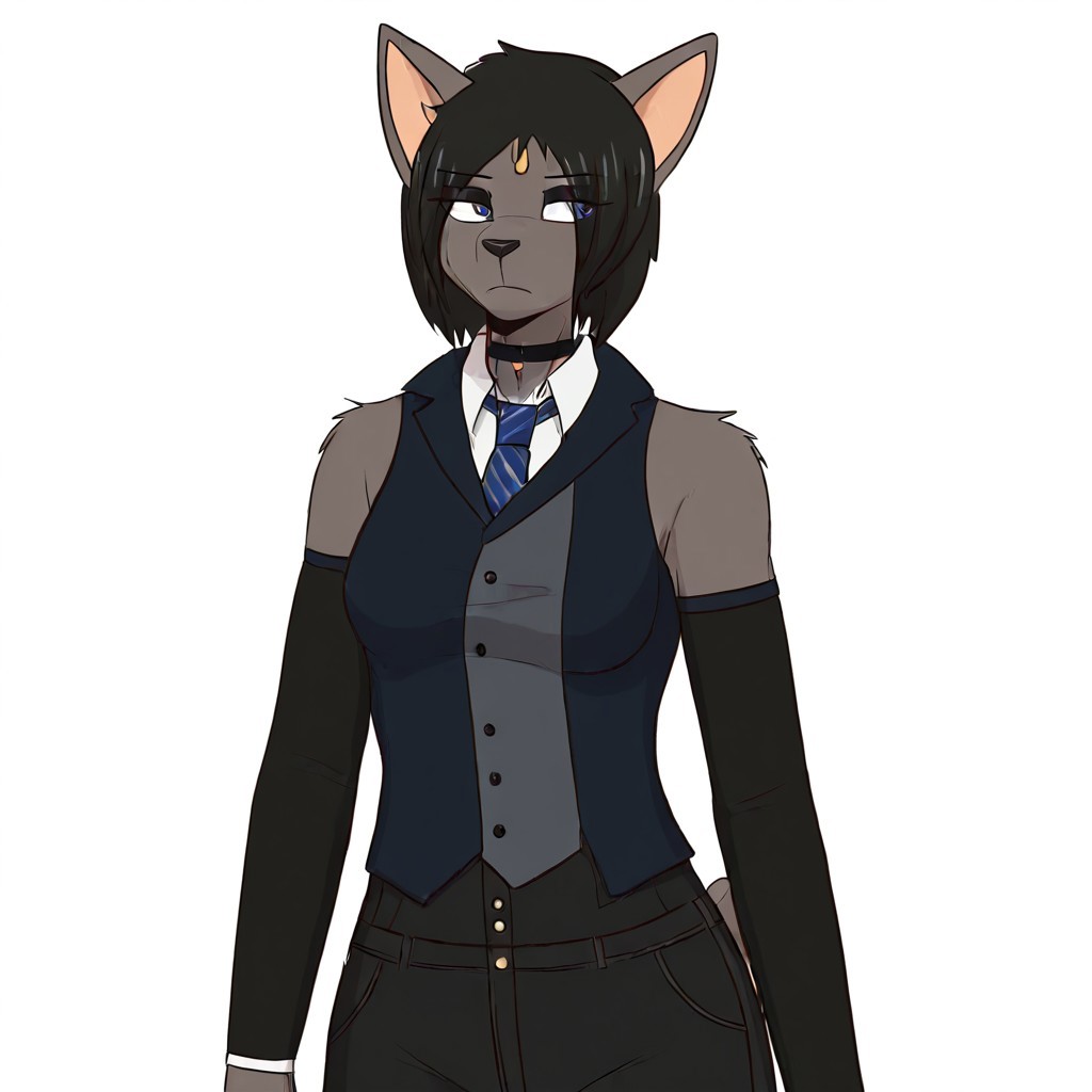 1r15,1girl,solo,furry,furry female,black hair,short hair,black hair,blue eyes,animl nose,snout,choker,body fur,grey fur,tail, detached sleeves, necktie, collared shirt, high-waisted jeans, denim vest, bare shoulders,