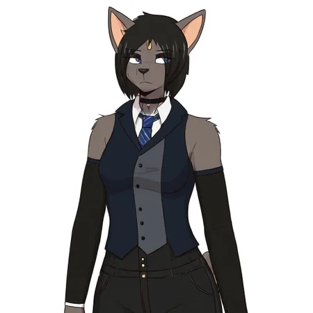 1r15,1girl,solo,furry,furry female,black hair,short hair,black hair,blue eyes,animl nose,snout,choker,body fur,grey fur,tail, detached sleeves, necktie, collared shirt, high-waisted jeans, denim vest, bare shoulders,