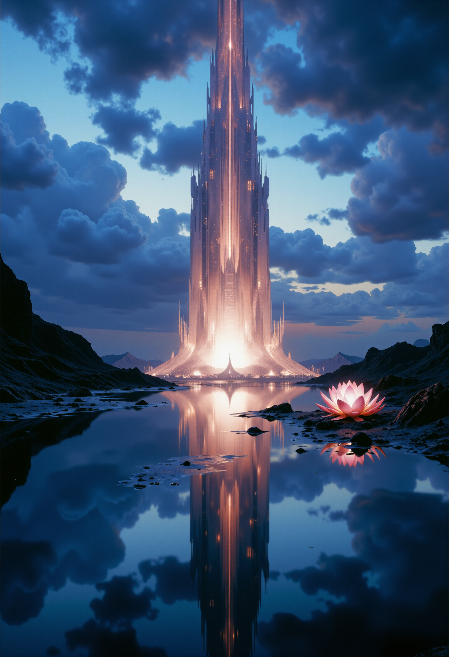 highest details, ultra hyper realism. highly detailed and realistic. intricate and highly professional artwork, an absolute masterpiece.
This image is a high-quality digital artwork depicting a futuristic, towering structure resembling a crystalline spire, set against a twilight sky. The structure, centrally positioned, emits a soft, ethereal glow, casting a reflective mirror image in a serene, calm body of water below. The water is dotted with luminescent lotus flowers, adding a mystical touch. The sky is a blend of deep blues and purples, with clouds subtly illuminated by the structure's light. The camera angle is straight-on, providing a symmetrical view. The depth of field is shallow, with the background slightly blurred, emphasizing the spire and its reflection. The overall aesthetic quality is very high, exuding a tranquil, otherworldly beauty.
<lora:artilands_v02_epoch_6:1>