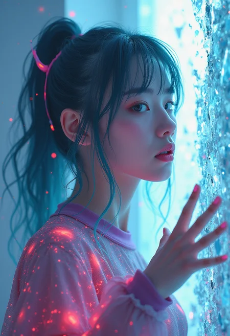 masterpiece, professional artwork, intricate details, inspired by Guweiz and Michael Divine, glitch, double exposure, fantasy theme, hologram, large cracks in reality, breaking through glass, shattered reality, Cinematic, cyberpunk, fourth wall break, watercolor, full body, foreshortening, reaching towards viewer, hand towards viewer, palm out, pale realistic skin, neon cyberwear tech fashion