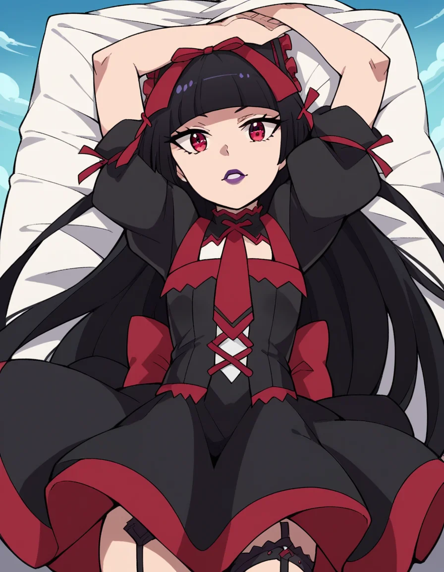 score_9, score_8_up, score_7_up, source_anime, <lora:rory-mercury-s1s2-ponyxl-lora-nochekaiser:1>, rory mercury, long hair, black hair, red eyes, bangs, blunt bangs, hime cut,, thighhighs, bow, ribbon, hair ribbon, garter straps, dress, black dress, puffy sleeves, frills, detached sleeves, necktie, red necktie, lipstick, purple lipstick,, laundry day, clothesline, drying clothes, domestic life, fresh air, blue sky, , looking at viewer, on back, arm support, arms up, incoming hug, pov, reaching, reaching towards viewer,, solo,, cowboy shot, dutch angle