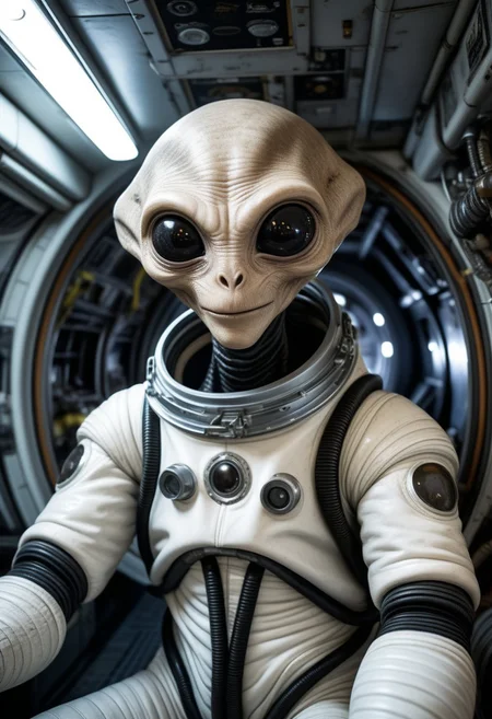 A humanoid alien with large black eyes, wearing a space suit and hanging out in the engine room of a starship. dirty, grungy, realistic, detailed background, smiling slightly,
