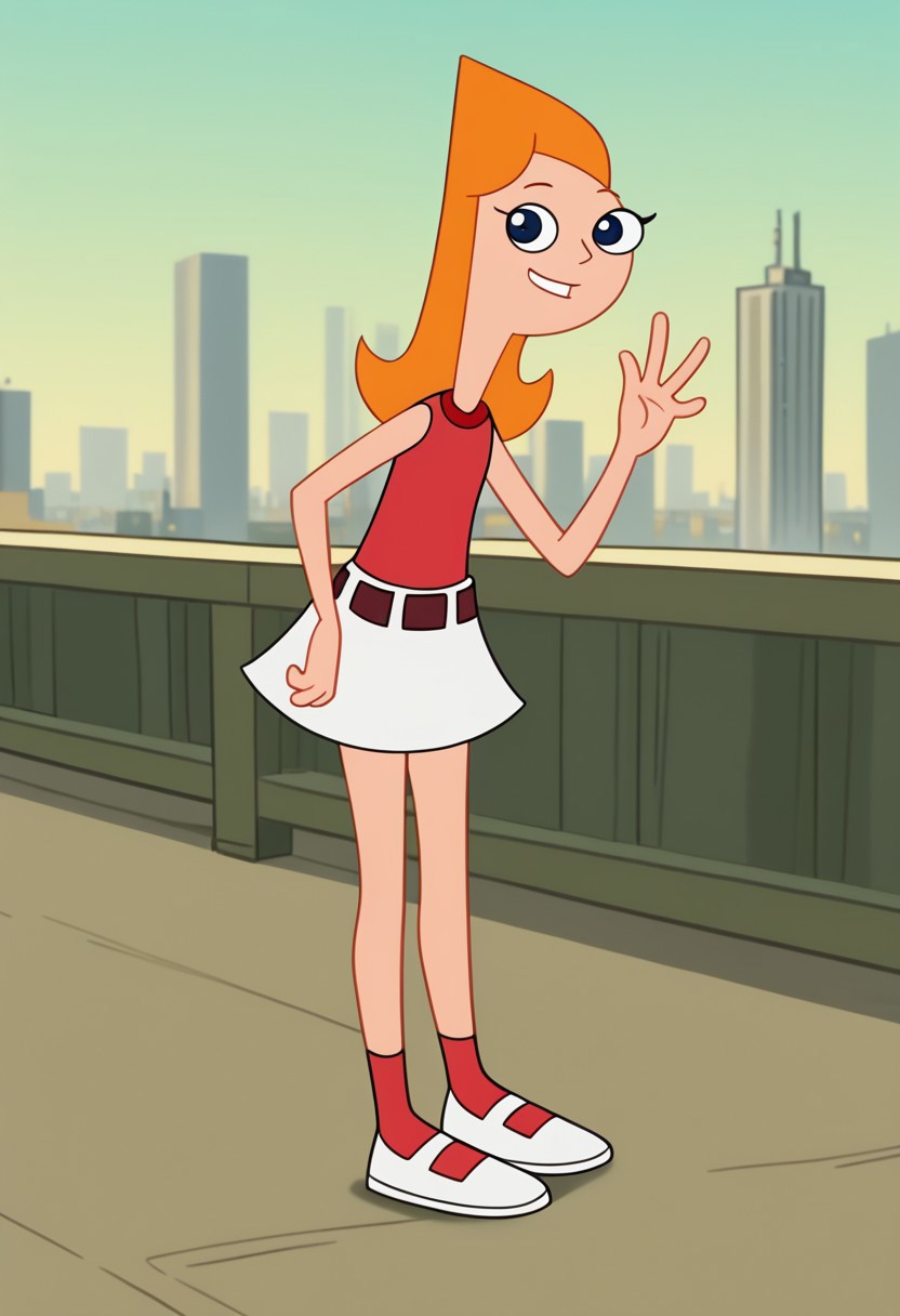 score_9, score_8_up, score_7_up BREAK CandacePF, 1girl, long orange hair, dark blue eyes, red tank top, red belt, white skirt, red ankle socks, white flat mary-jane shoes, cartoon, source_cartoon, smiling at viewer, full body,, city background, city outdoors,