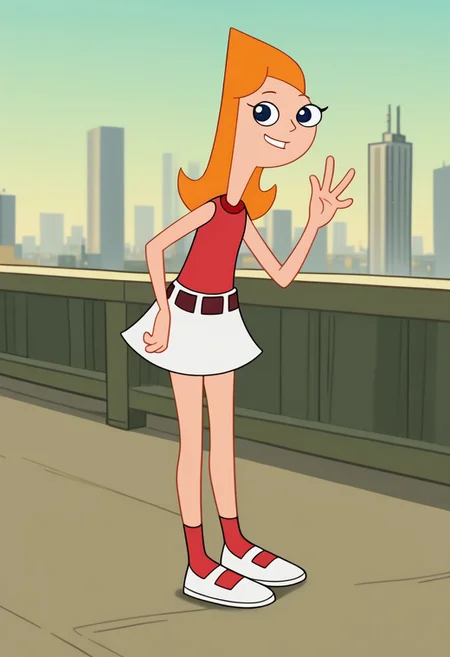 score_9, score_8_up, score_7_up BREAK CandacePF, 1girl, long orange hair, dark blue eyes, red tank top, red belt, white skirt, red ankle socks, white flat mary-jane shoes, cartoon, source_cartoon, smiling at viewer, full body,, city background, city outdoors,