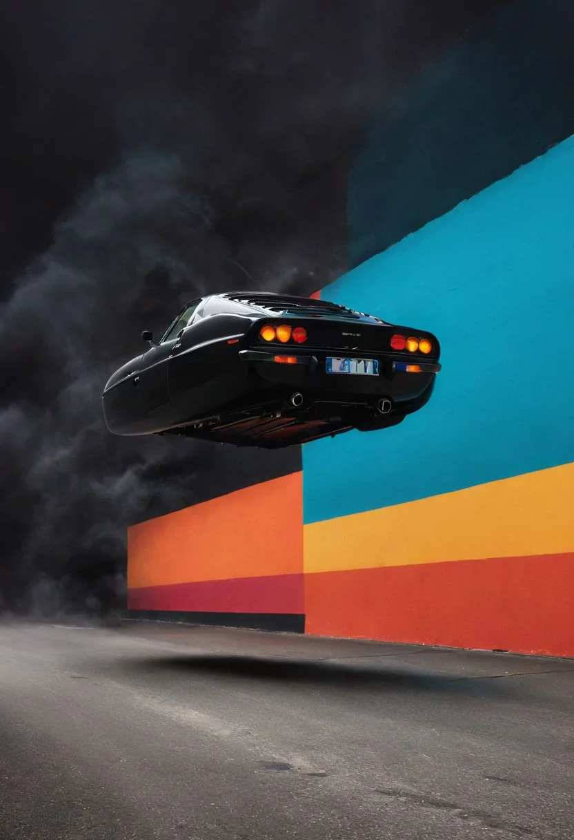 Made of bold lines, vertical lines, 3d deep depth effect, Stretching shadows, Flying hovering Car, a Vintage hovering super car, Hovering_Car, A road stretches behind her head, colorful depth of lenticular, bold lines async, deep blacks,