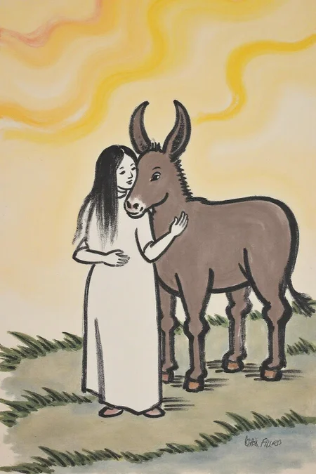 fzk1 ink painting. A surreal, dreamlike scene with a woman and an anthropomorphic donkey embracing. The woman, with long, straight, dark hair, is dressed in a flowing white gown, symbolizing purity and innocence. She has a serene expression, with her eyes closed. The anthropomorphic donkey, is dressed in a dark brown coat, his face blending into the deer's body. He has a gentle, almost protective expression. They are standing in a stylized, abstract landscape. The background features a vibrant, swirling pattern of yellows and oranges, suggesting a sunset or a dreamy sky. <lora:fzk2_nocap_d6a3:1.0><lora:815029538586130679:0>