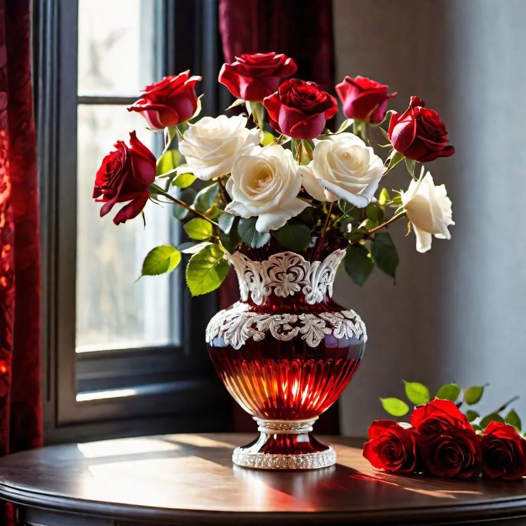 background black to gray ,RAW photo, realistic, masterpiece, photorealistic, hyperrealistic,window,(Volumetric light, light beam),roses in a vase on a table,(Red glass crystal vase) ,trending on cg society, rococo, red brown and white color scheme, stunning detailed picture, (white flowers:1.8), white and gold, maroon and white, beautiful glass work, beautiful wallpaper, white in color, wallpaper , beautiful deep colors ,8k uhd, high quality,film grain, Fujifilm XT3