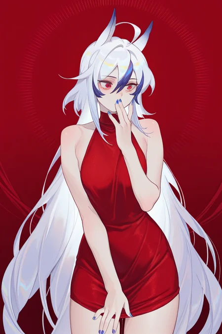 masterpiece, best quality, amazing quality,
 <lora:LLAM_IL:1> llam, long hair, multicolored hair, red eyes, blue nails, dress, red background, hair between eyes, animal ears, white hair, bare shoulders, 1girl, ahoge, very long hair, nail polish, bangs, red dress