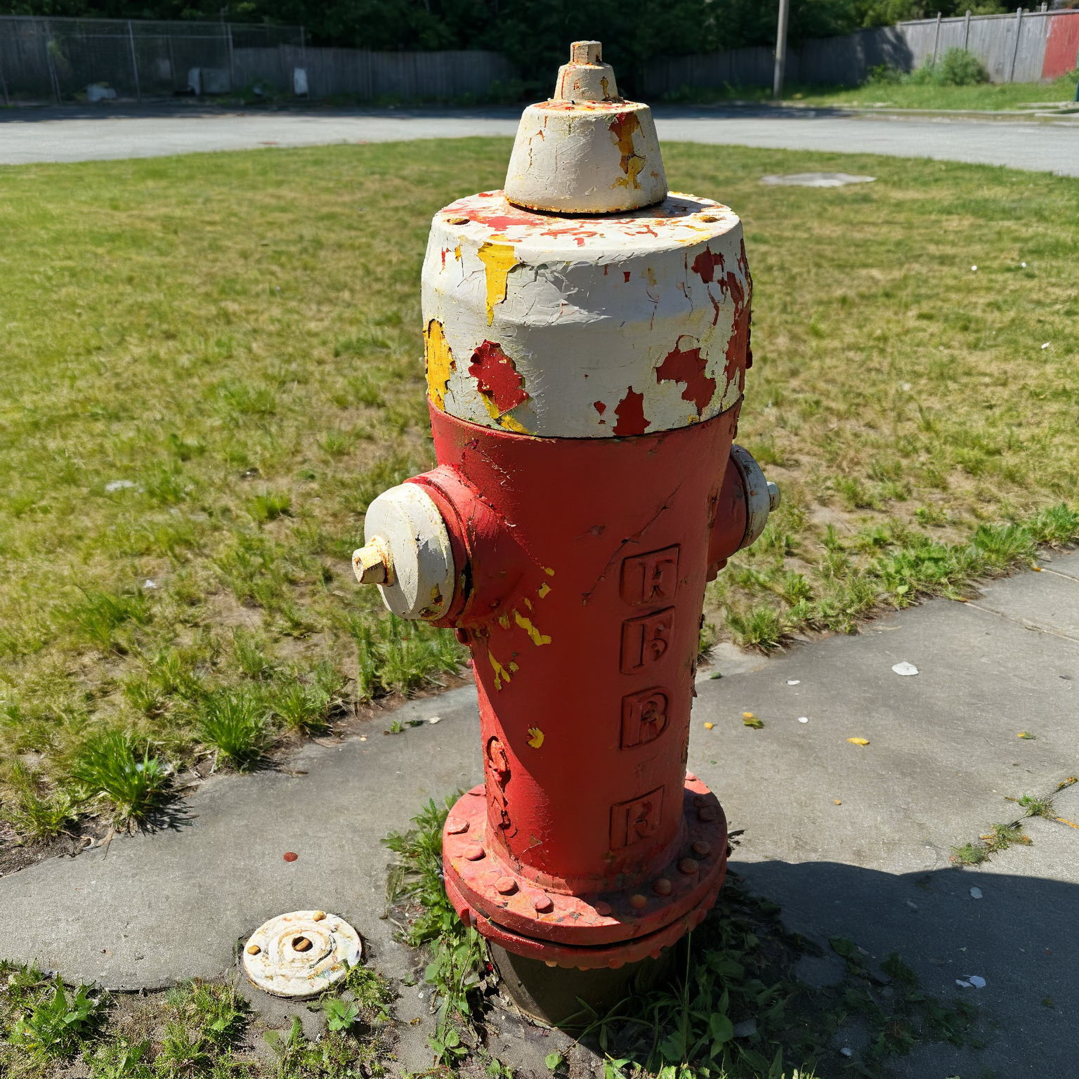 mapl3R1dg3H1drant fire hydrant, lots of peeling paint, school yard playground, water on the ground, sunny <lora:mapl3R1dg3H1drant:0.7>
