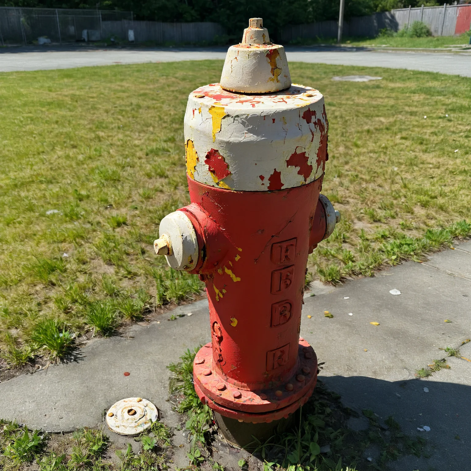 mapl3R1dg3H1drant fire hydrant, lots of peeling paint, school yard playground, water on the ground, sunny <lora:mapl3R1dg3H1drant:0.7>