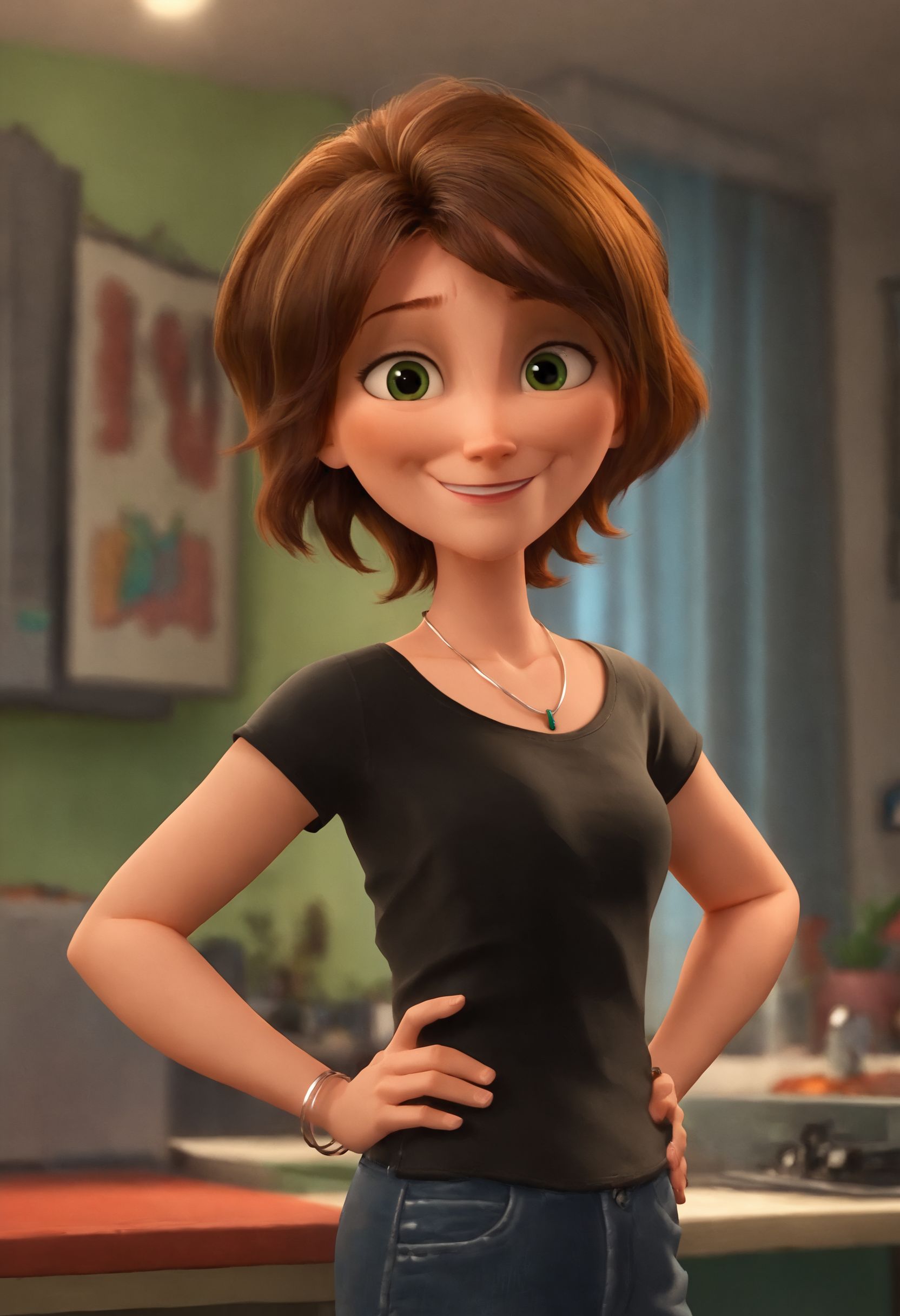 <lora:AuntCassBH6Pony1.0:1>auntcass, 1girl, brown hair, short hair, solo, black shirt, necklace, green eyes, smile, jeans, bracelet, looking at viewer, score_9, score_8_up, score_7_up, score_6_up, score_5_up, score_4_up, looking at viewer, hand on own hip, cowboy shot,indoors,