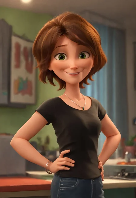 <lora:AuntCassBH6Pony1.0:1>auntcass, 1girl, brown hair, short hair, solo, black shirt, necklace, green eyes, smile, jeans, bracelet, looking at viewer, score_9, score_8_up, score_7_up, score_6_up, score_5_up, score_4_up, looking at viewer, hand on own hip, cowboy shot,indoors,